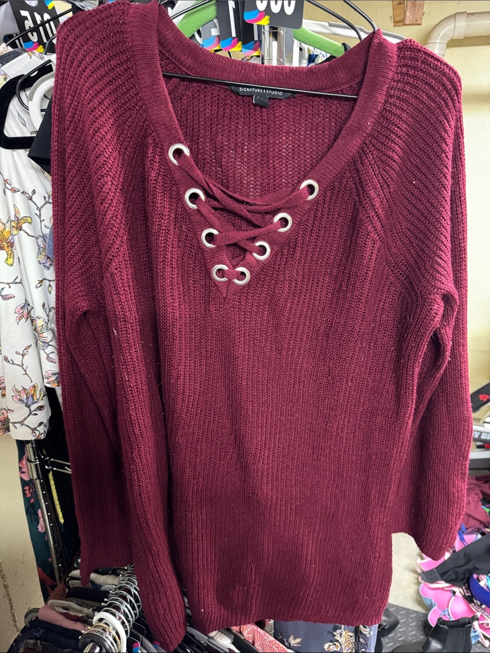 Signature Studio Lace-Up Scoop Neck Sweater - Burgundy
